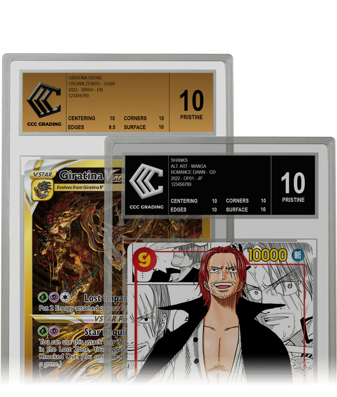 Graded pokemon cards Giratina VSTAR GG69 and Shanks OP01 with gold and black label