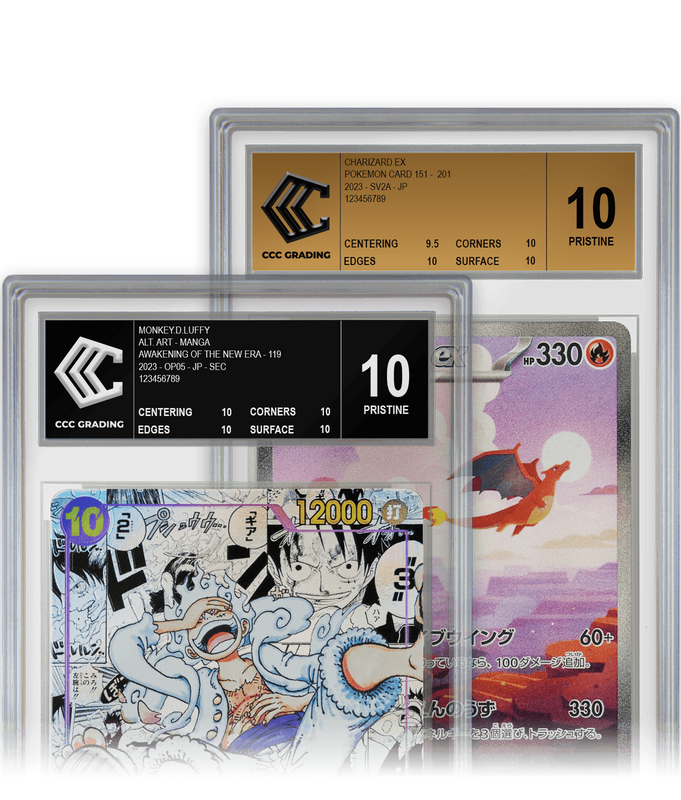 Graded pokemon cards Charizard ex 151 and One piece Luffy OP05 Manga art with gold and black label