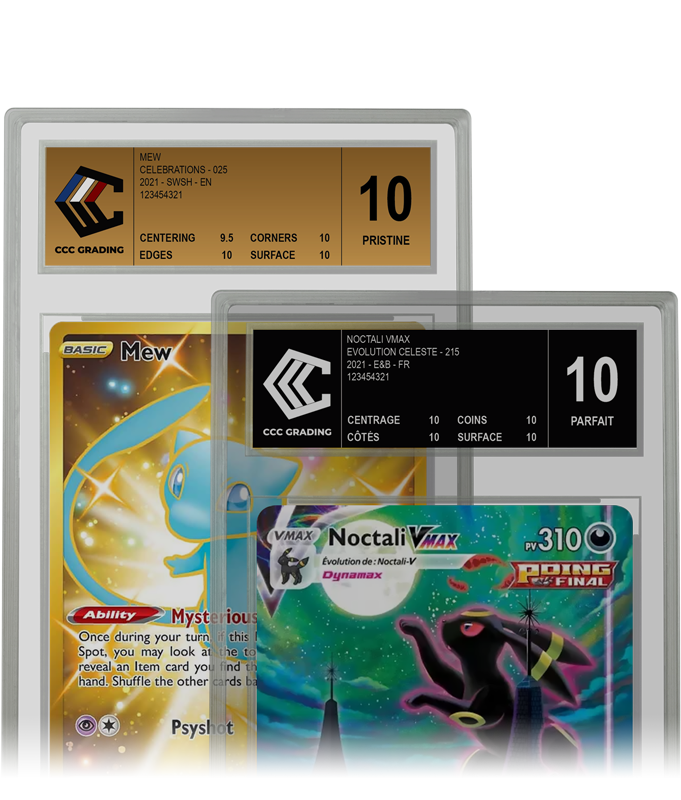 Graded pokemon cards noctali vmax and mew with gold and black label